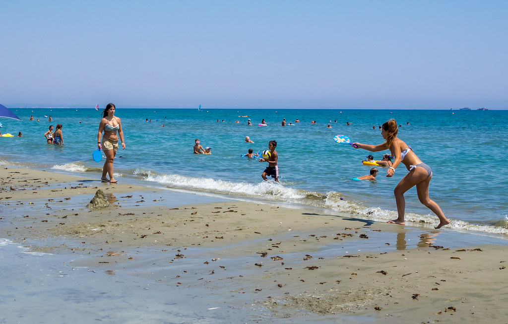 Mackenzie Beach in Larnaca, Cyprus, a lively sandy beach near the airport
