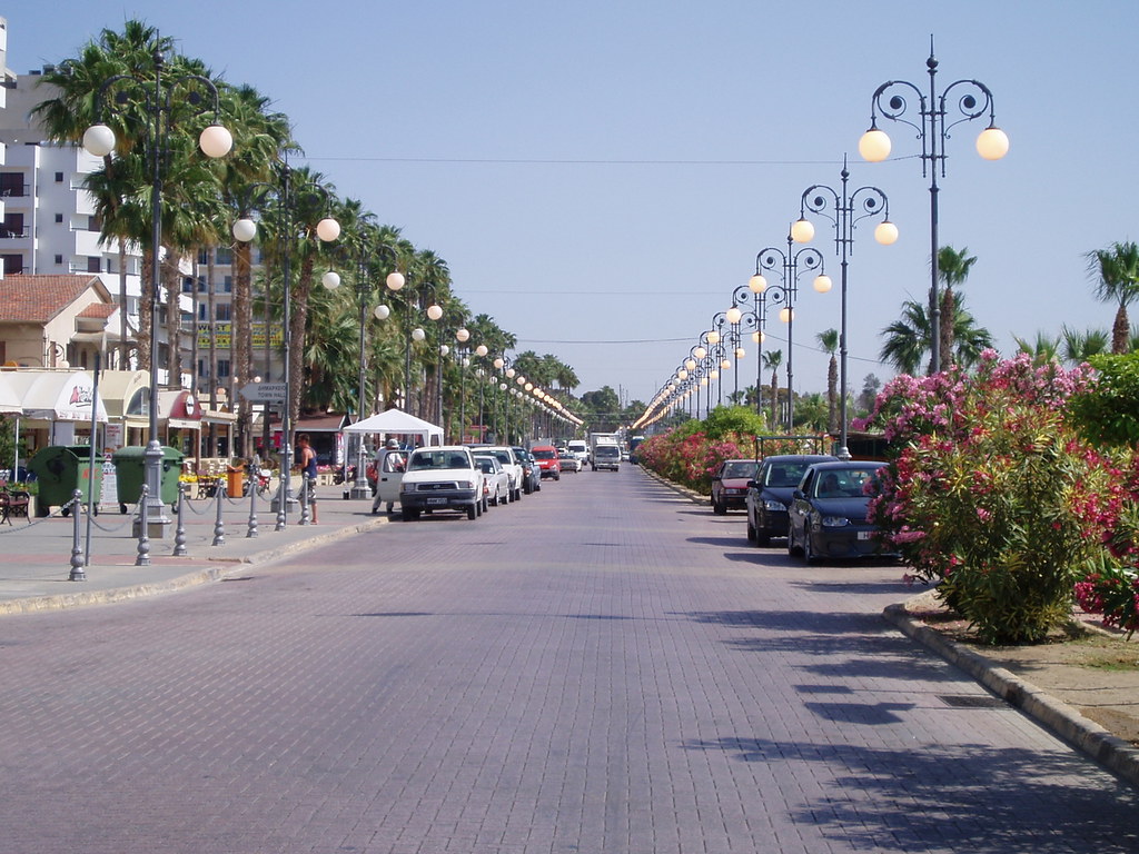 Palm-lined Finikoudes promenade in Larnaca, Cyprus
