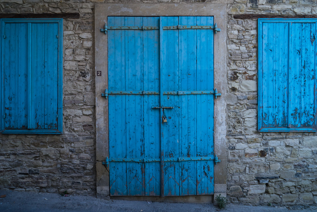 Traditional carved wooden doorway in Pano Lefkara, Cyprus