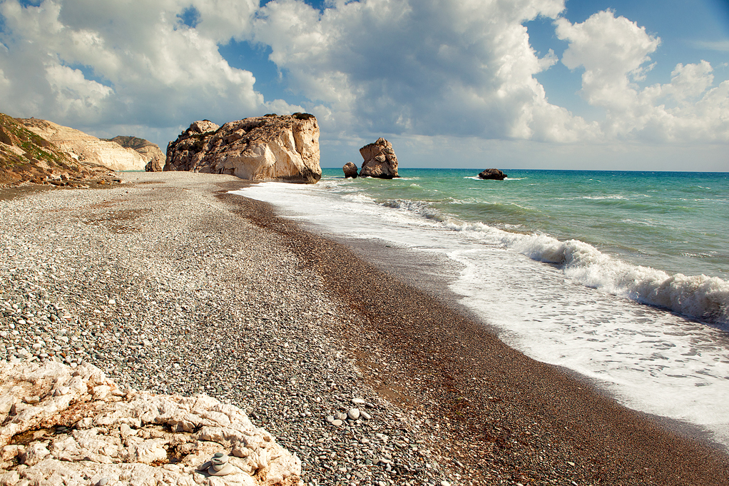 Petra tou Romiou, Aphrodite's Rock, on the pebbled coast between Paphos and Limassol, Cyprus