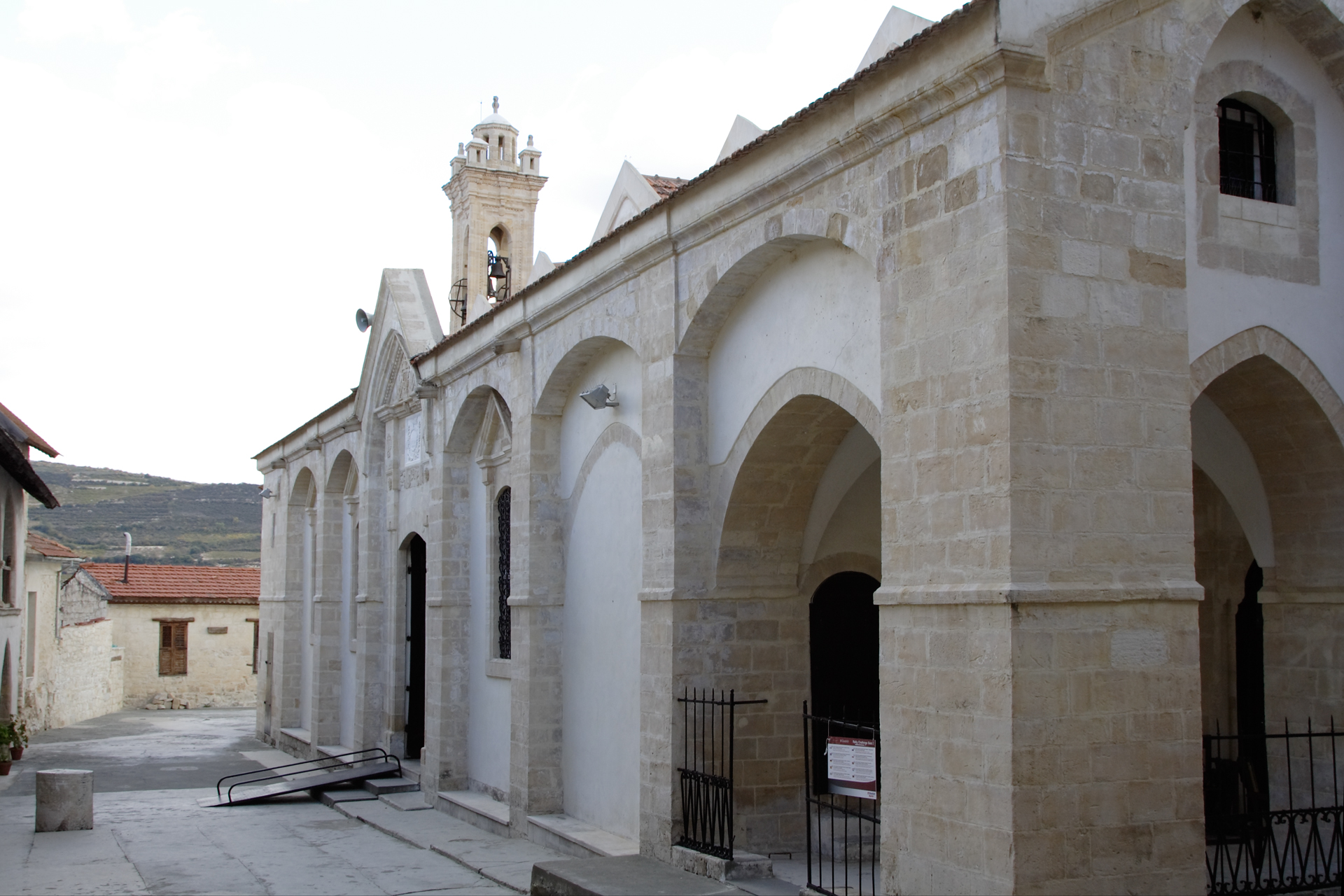 Cobbled square and Timios Stavros Monastery in Omodos village, Limassol wine country, Cyprus