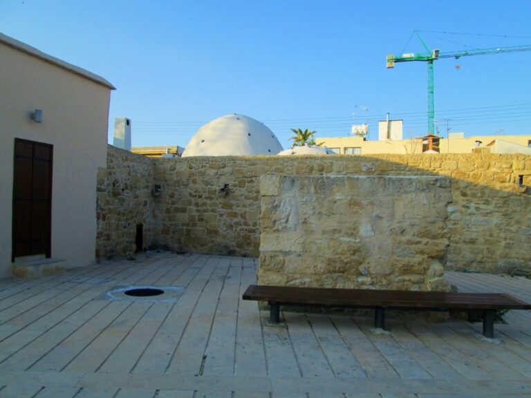 Stone buildings around a small square in the old town of Nicosia, Cyprus