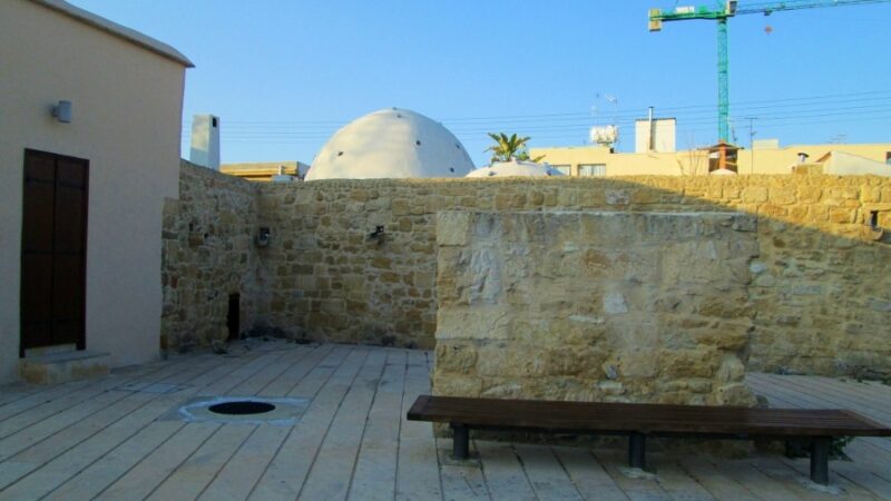 Stone buildings around a small square in the old town of Nicosia, Cyprus